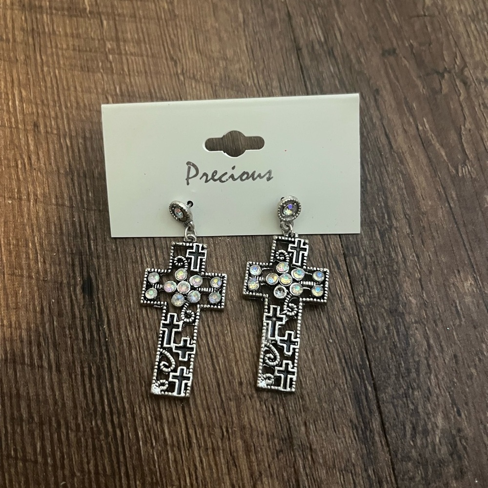 NWT Precious Silver Cross Dangle Earrings with Rhinestones black designs